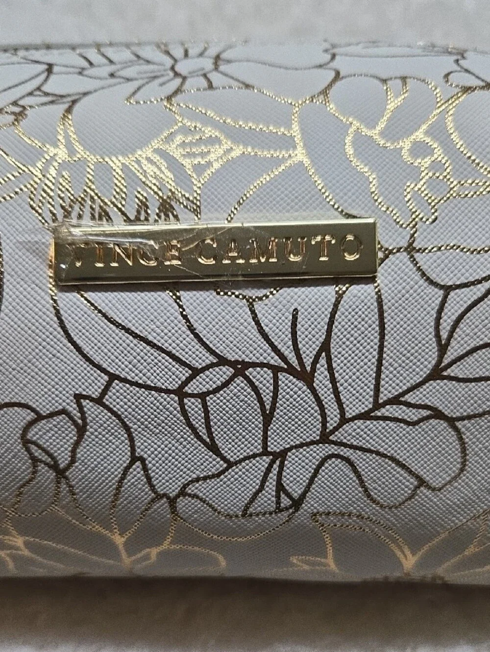 Vince Camuto White Cosmetic Bag with Gold Floral Accents
